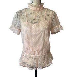 Story On Pink Lace Sheer Peplum Hem Delicate Blouse L